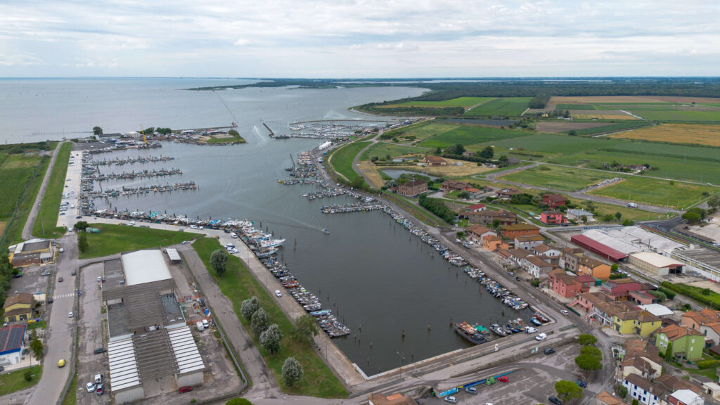 Aerial view of the fishing harbour serving Consorzio Pescatori di Goro